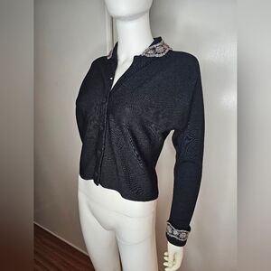 VTG Rare W.F. Adlmuller Button Up Sweater Handmade Collar With Beading Embroider